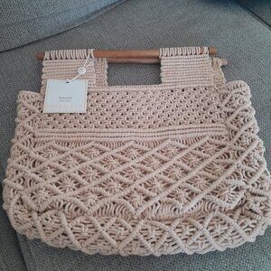 Crochet Knit Wood Handle Tote Bag Purse